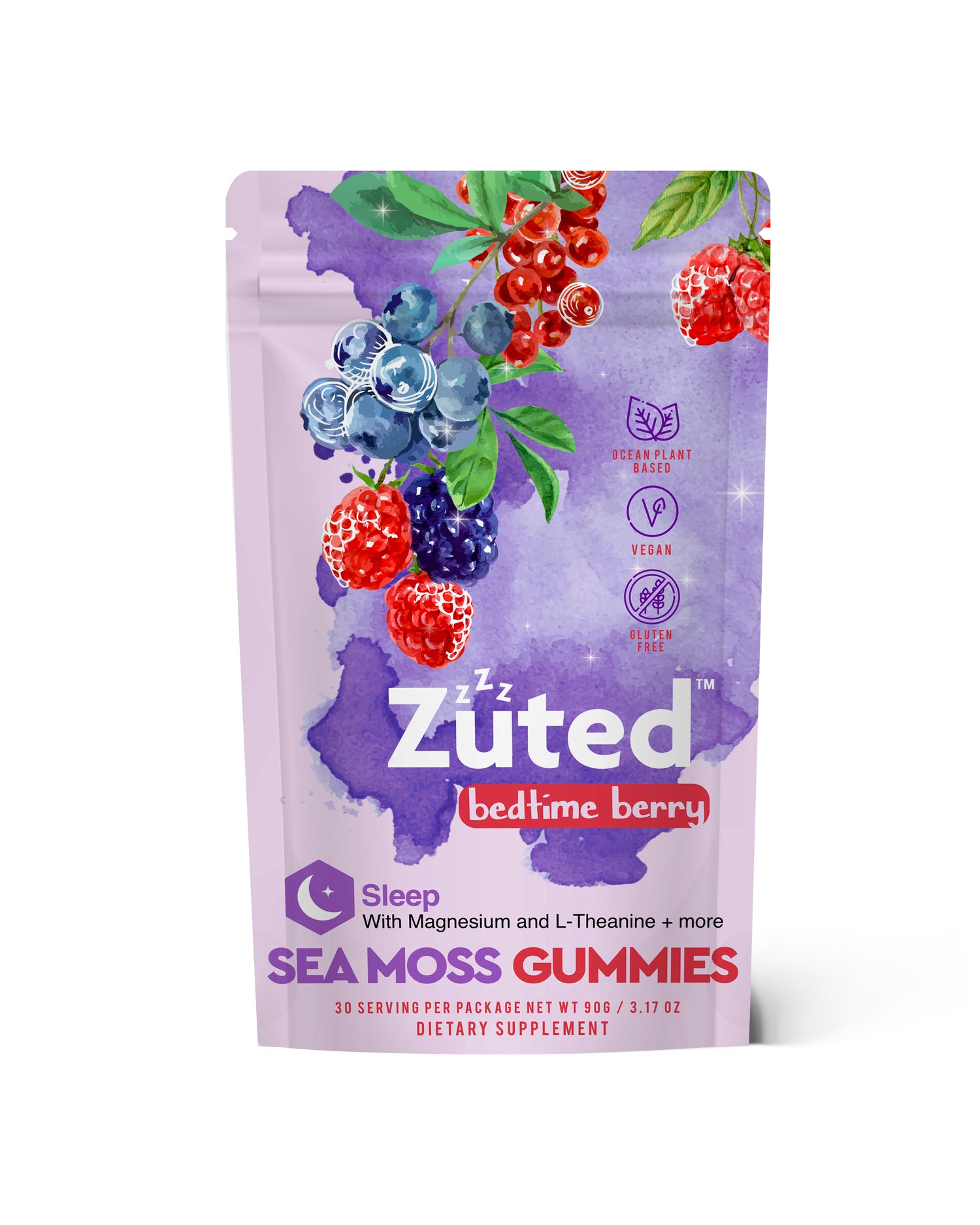 A package of Zuted Bedtime Berry Sea Moss Gummies, with a vibrant design featuring purple and red berries and a nighttime theme.