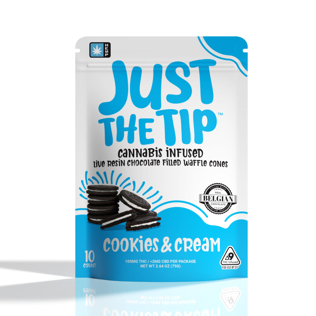 Packaging of 'Just The Tip' cannabis-infused cookies & cream waffle cones on a white background.