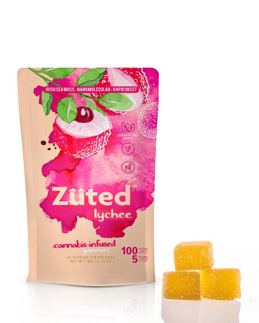 Zuted lychee cannabis-infused product packaging with lychee gummies on a white background