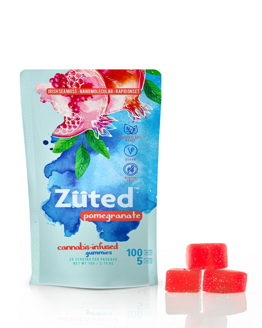 Zuited pomegranate gummies packaging with gummies on a white background