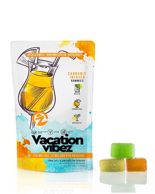 Vacation Vibez cannabis-infused gummies packaging with gummies displayed.