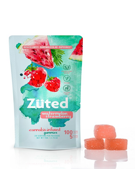 Zäuted watermelon and strawberry flavored gummies packaging with gummies on a white background
