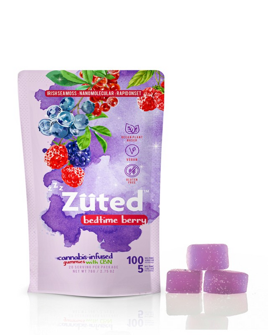 Zuted cannabis-infused gummies packaging with berries on a white background